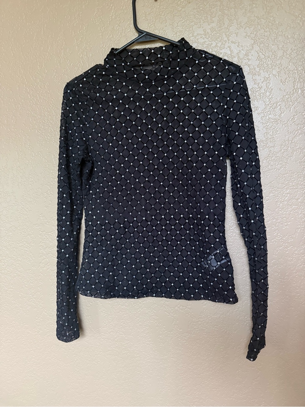 SHEIN Black Long-Sleeve Mesh Top with Rhinestone Lattice